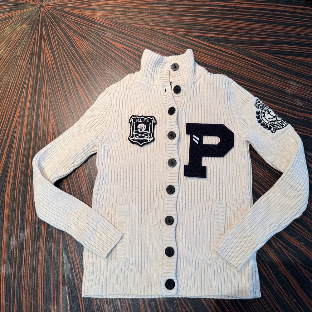 Polo Ralph Lauren Vintage Ivory Navy P Wing Varsity Cardigan Letterman Women S